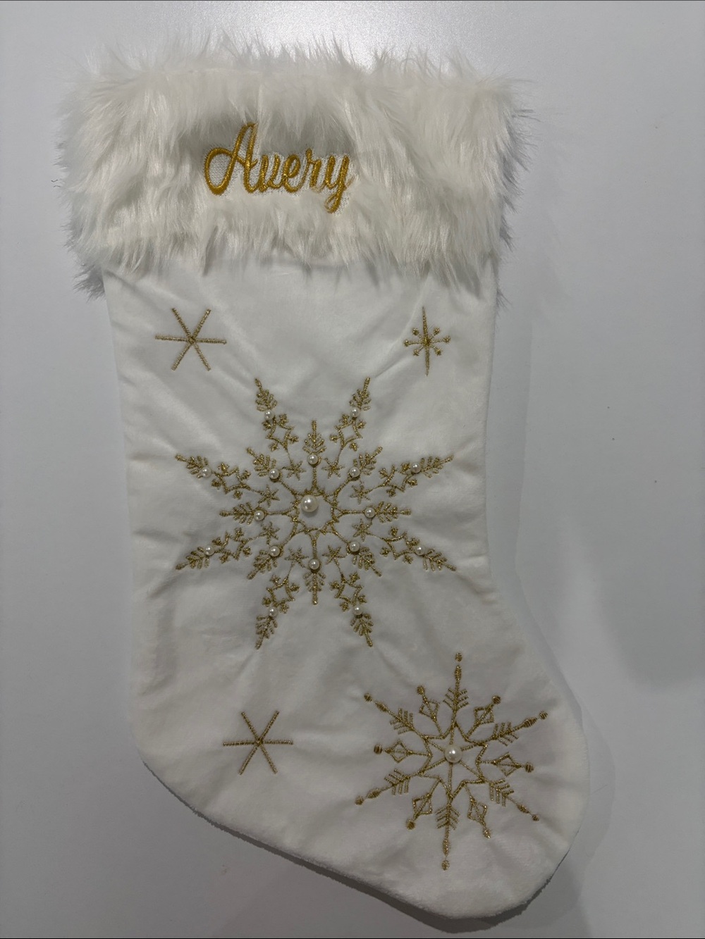 "Avery" Gorgeous White & Gold Snowflake Holiday Christmas Stocking